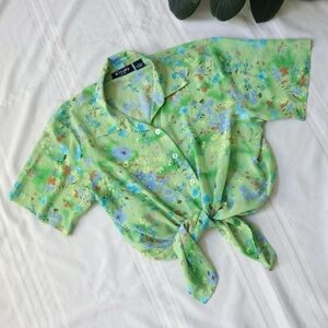 Light green floral field sheer button up blouse